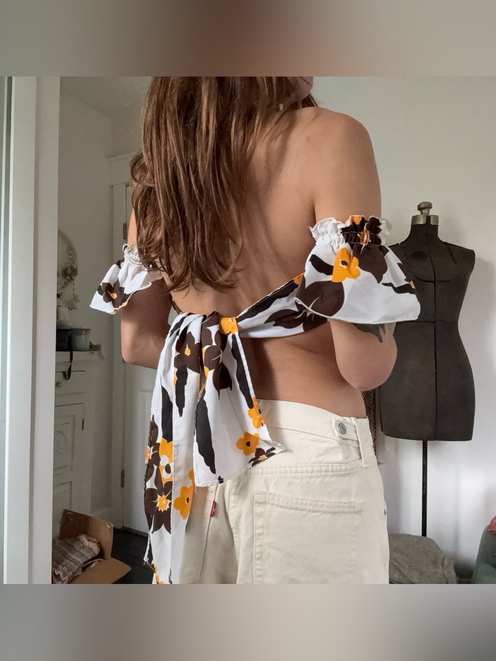 True Vintage 1970s Floral Smocked Off-Shoulder Tiny Crop Reversible Top Boho S - Picture 4 of 11